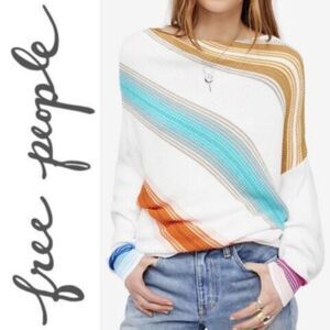 Free People White Sweater with Teal, Orange & Mustard Stripes